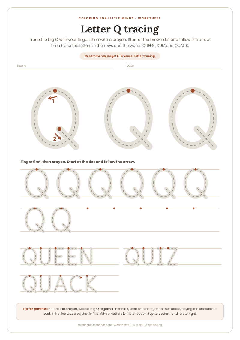 Letter Q tracing – worksheet for ages 5–6, preview