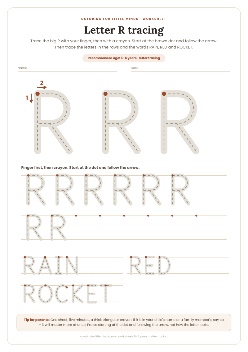 Letter R tracing – worksheet for ages 5–6, preview