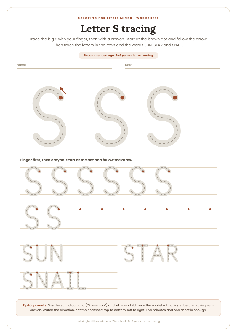 Letter S tracing – worksheet for ages 5–6, preview