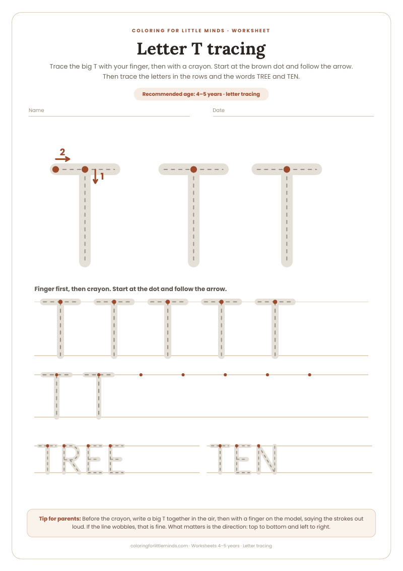 Letter T tracing – worksheet for ages 4–5, preview