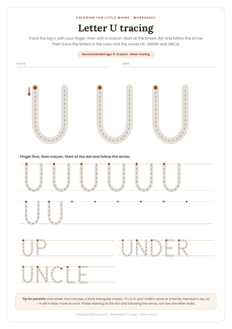Letter U tracing – worksheet for ages 5–6, preview
