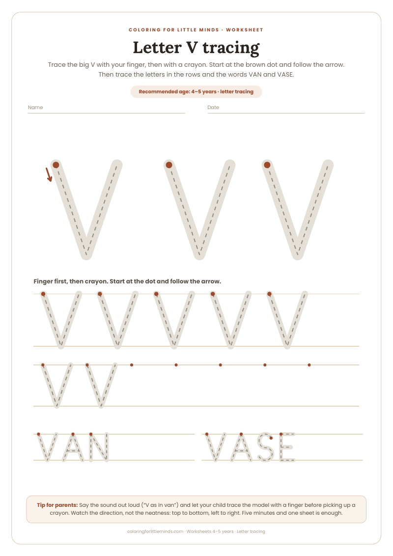 Letter V tracing – worksheet for ages 4–5, preview