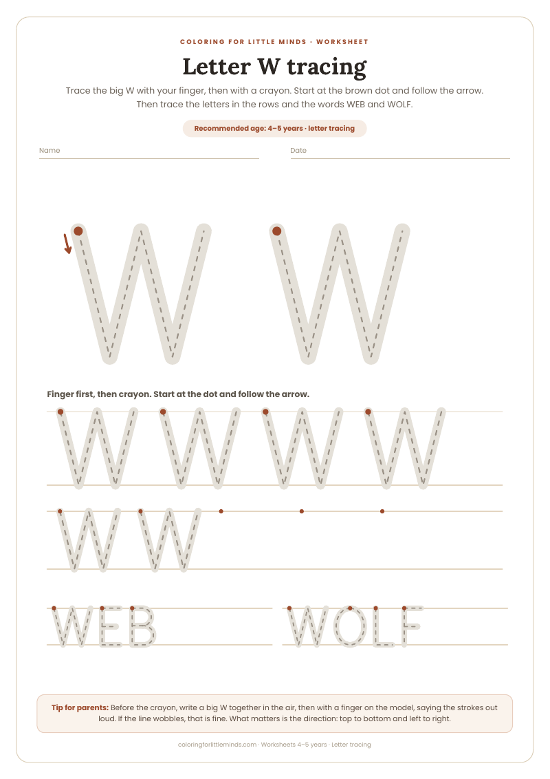 Letter W tracing – worksheet for ages 4–5, preview