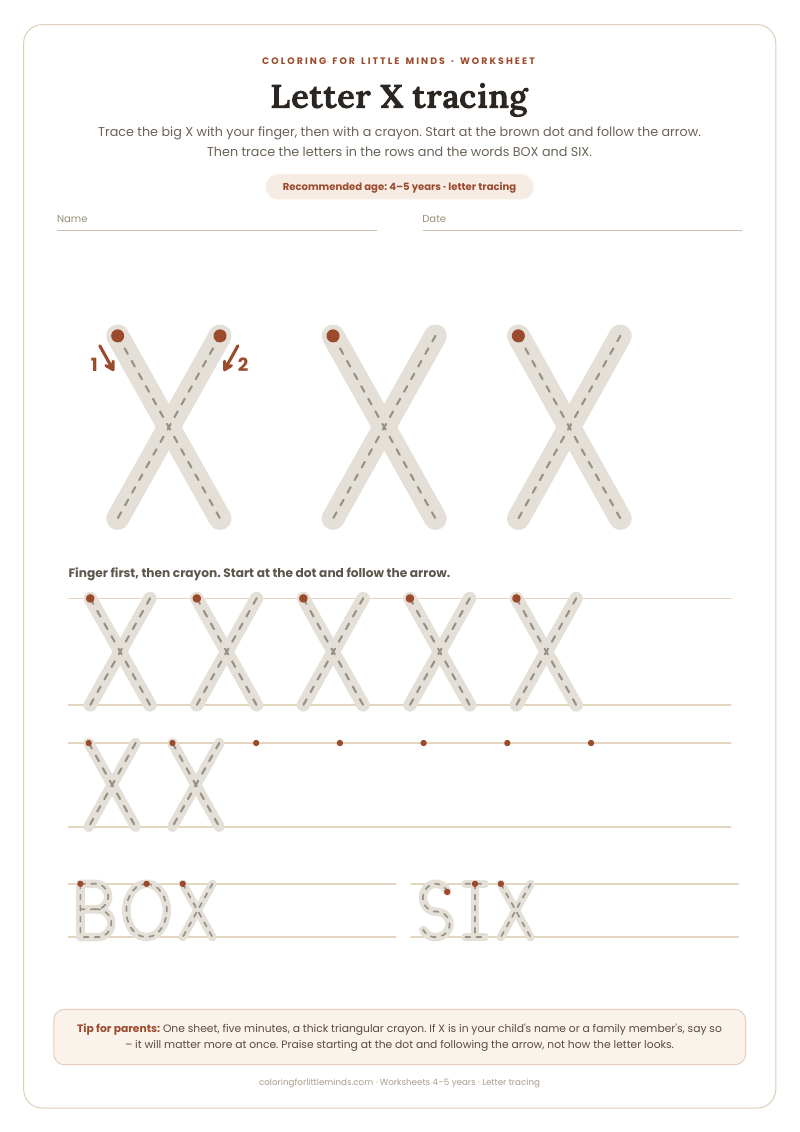 Letter X tracing – worksheet for ages 4–5, preview