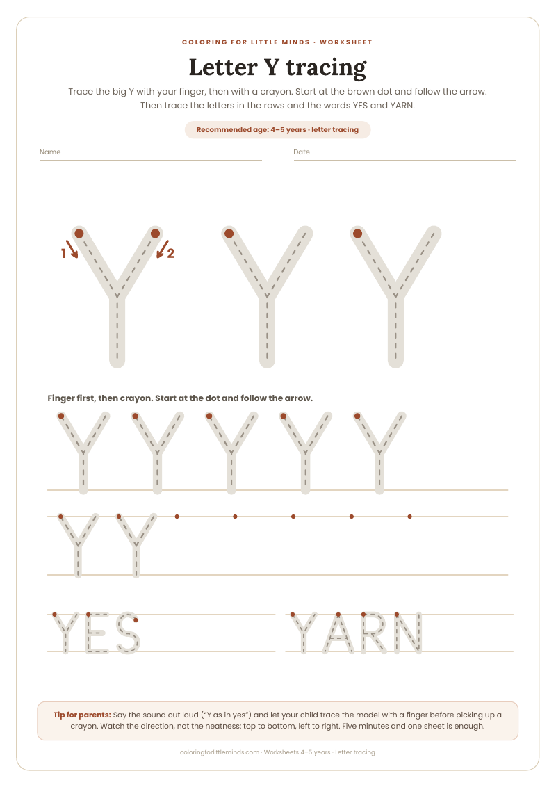 Letter Y tracing – worksheet for ages 4–5, preview