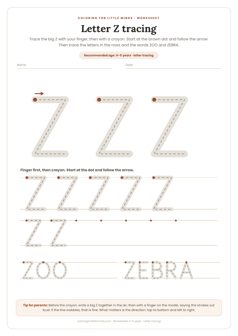 Letter Z tracing – worksheet for ages 4–5, preview