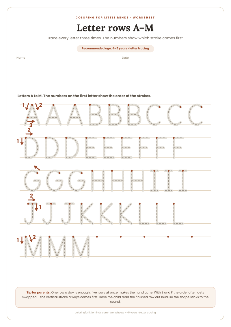 Letter rows A–M – worksheet for ages 4–5, preview
