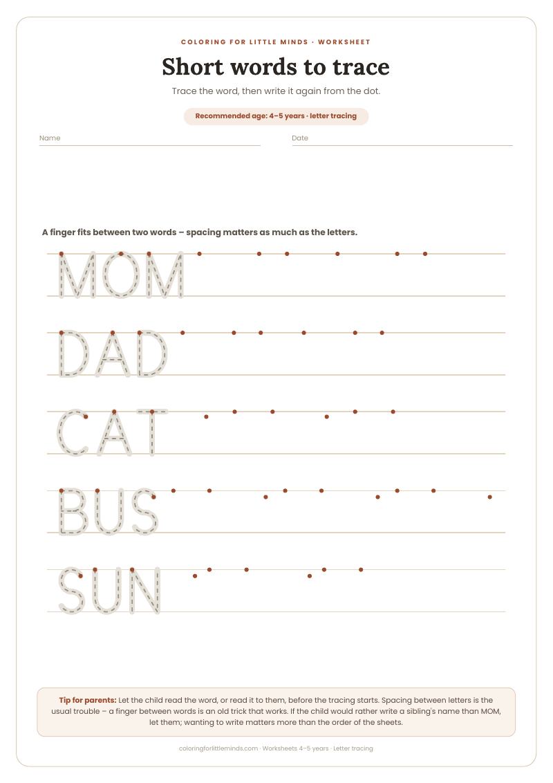 Short words to trace – worksheet for ages 4–5, preview