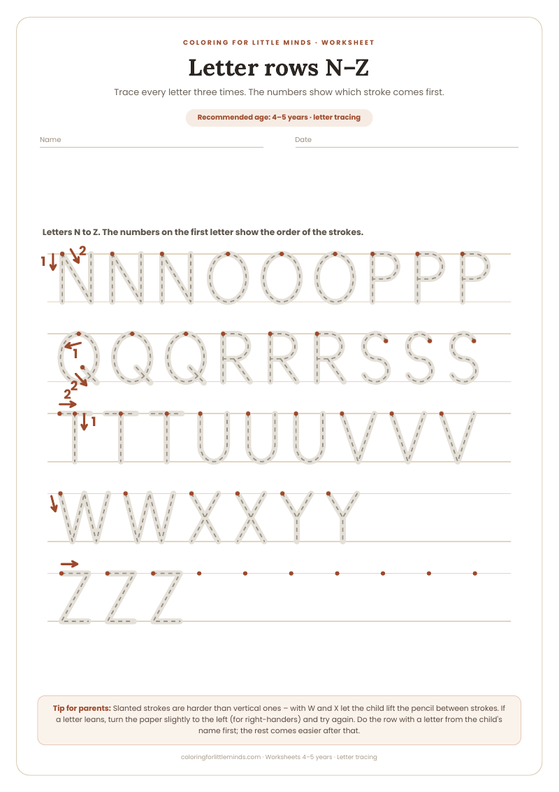 Letter rows N–Z – worksheet for ages 4–5, preview