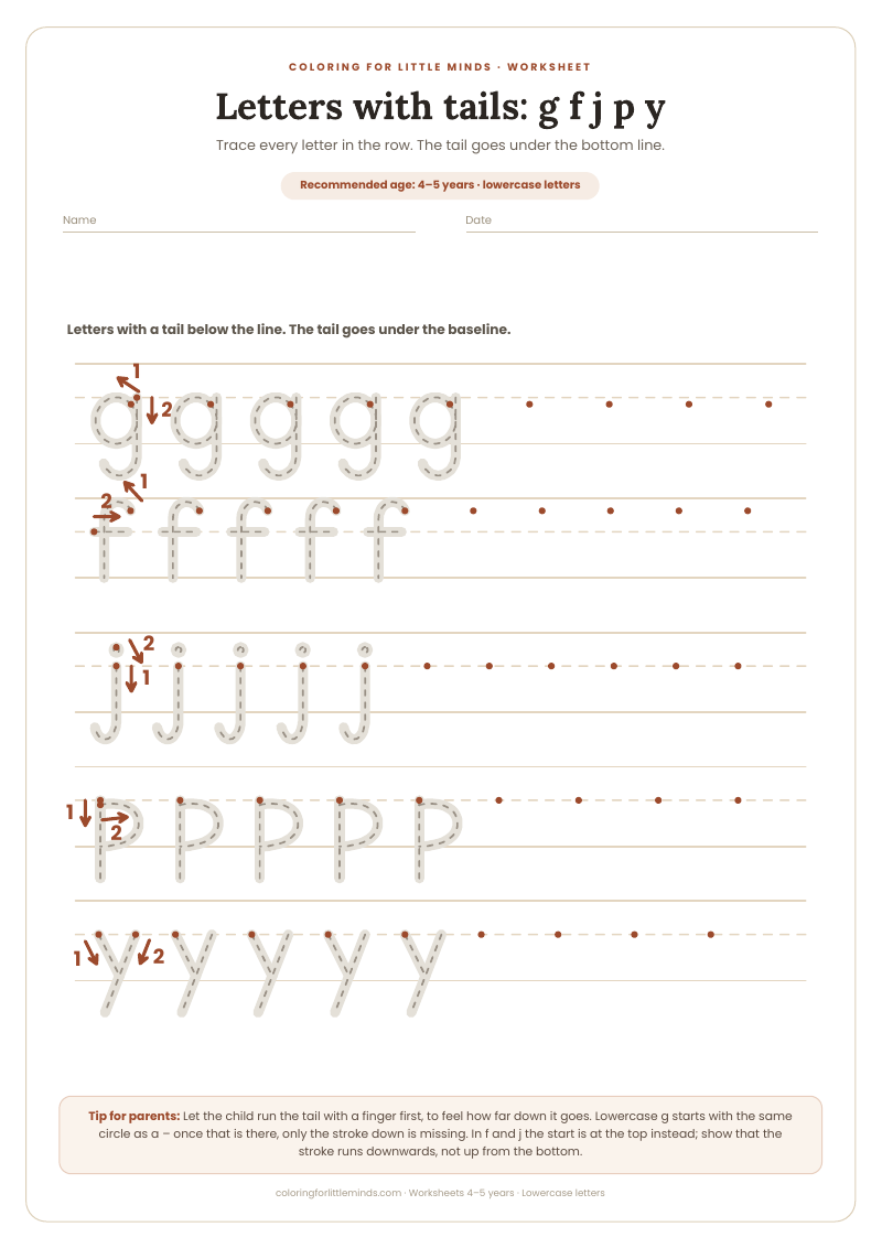 Letters with tails: g f j p y – worksheet for ages 4–5, preview