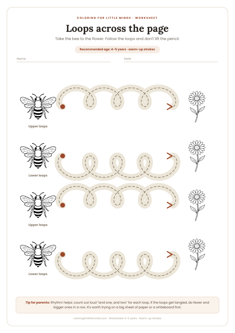 Loops across the page – worksheet for ages 4–5, preview