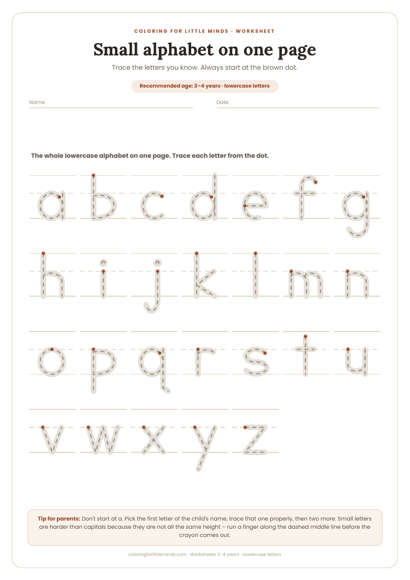 Small alphabet on one page – worksheet for ages 3–4, preview