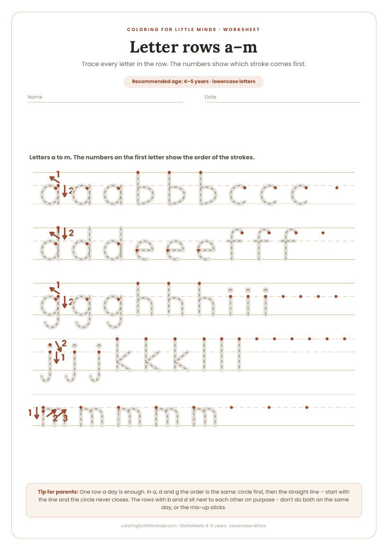 Letter rows a–m – worksheet for ages 4–5, preview