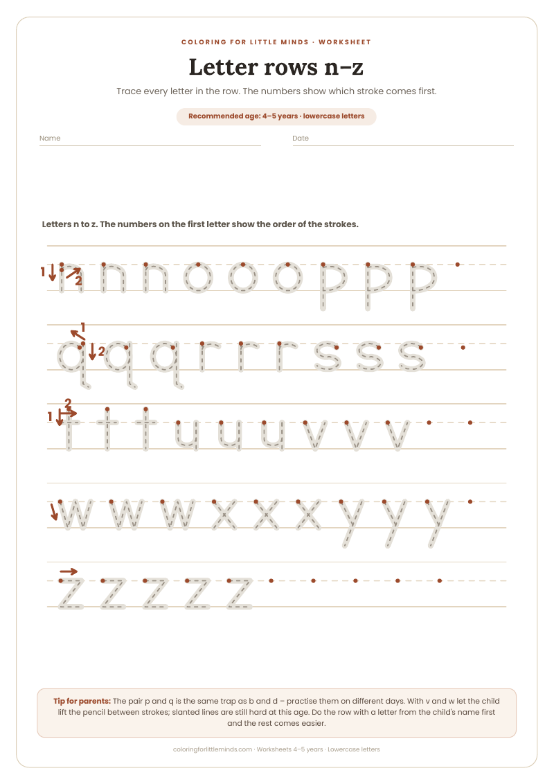 Letter rows n–z – worksheet for ages 4–5, preview