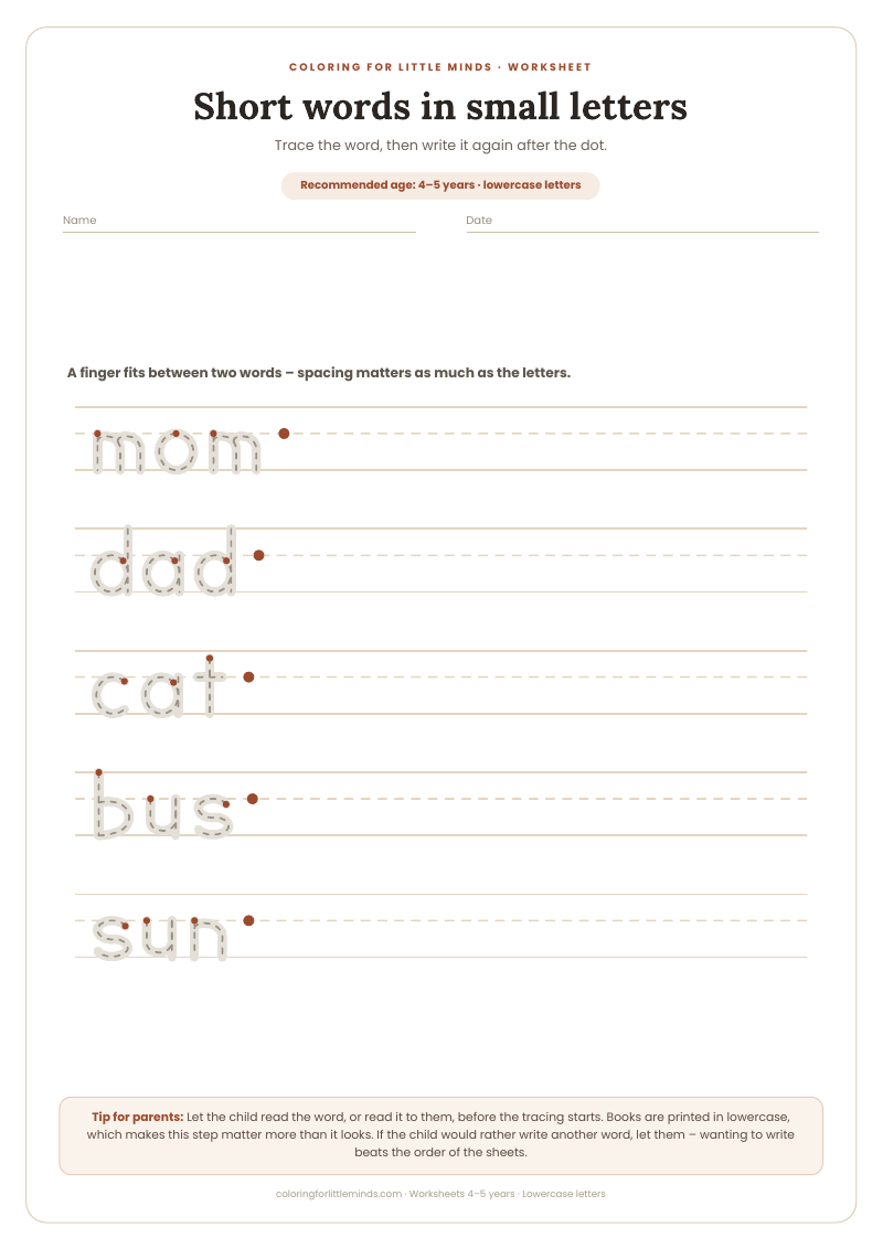 Short words in small letters – worksheet for ages 4–5, preview
