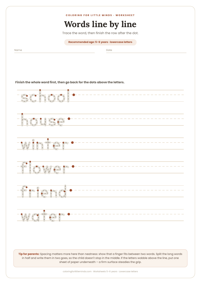 Words line by line – worksheet for ages 5–6, preview