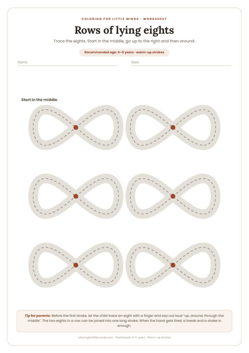 Rows of lying eights – worksheet for ages 4–5, preview