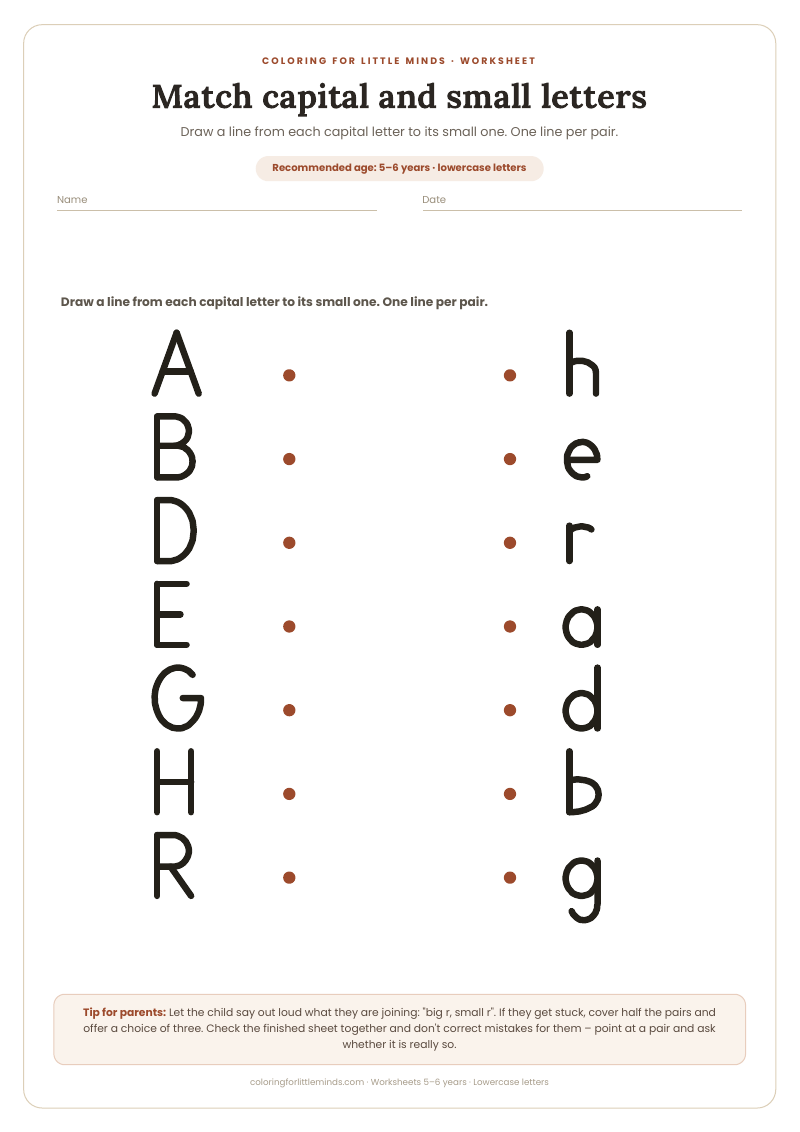 Match capital and small letters – worksheet for ages 5–6, preview