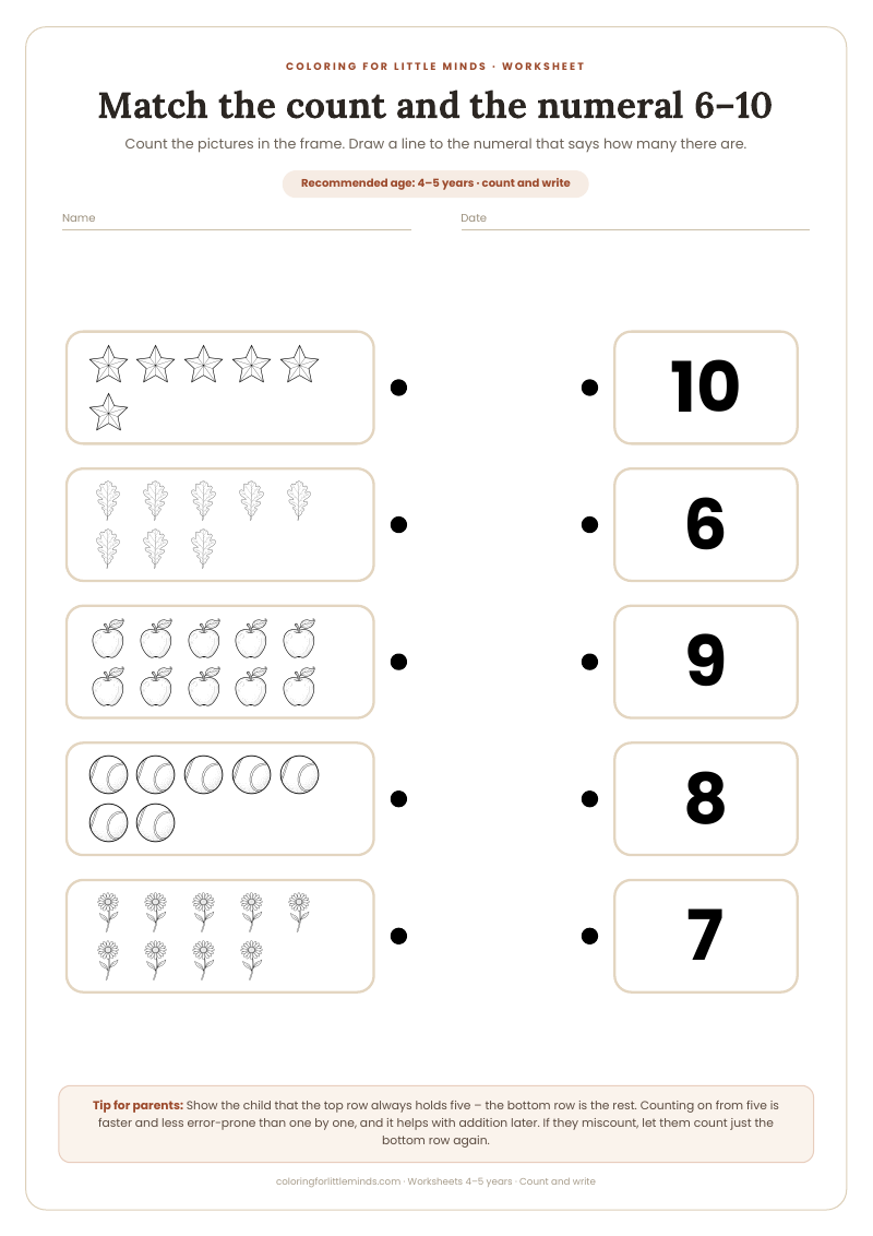 Match the count and the numeral 6–10 – worksheet for ages 4–5, preview