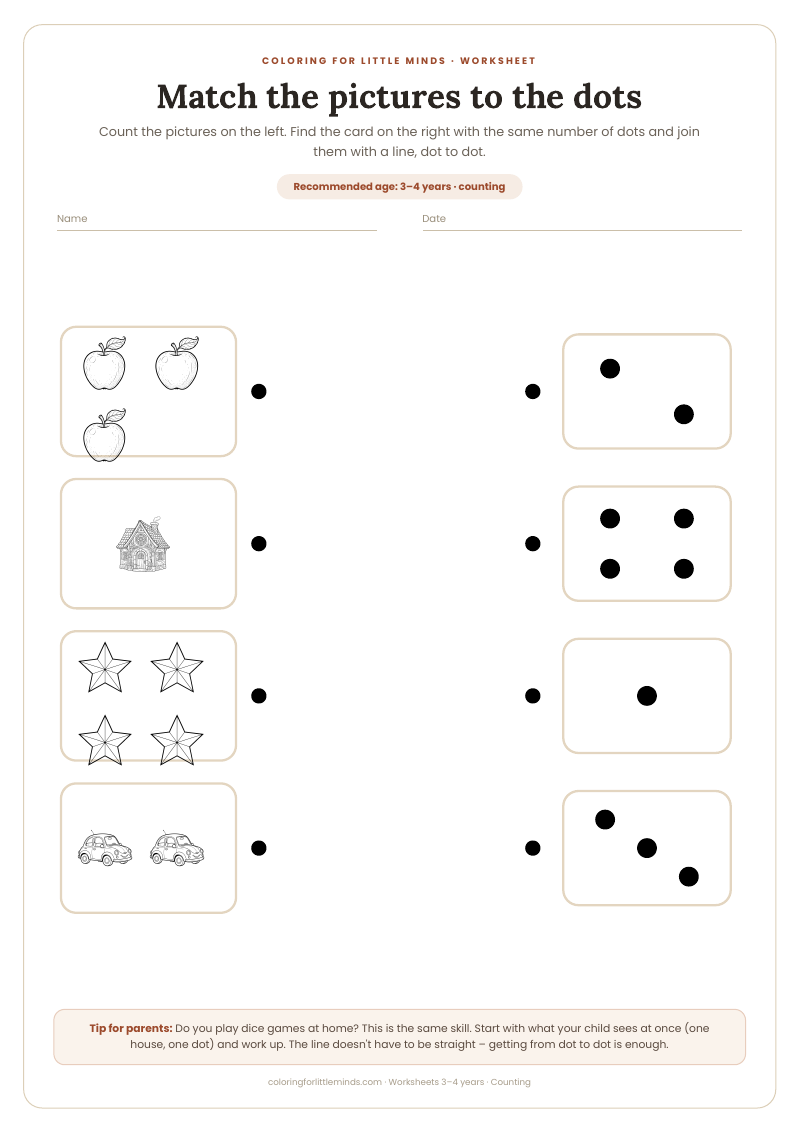 Match the pictures to the dots – worksheet for ages 3–4, preview