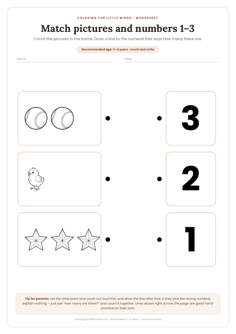 Match pictures and numbers 1–3 – worksheet for ages 3–4, preview