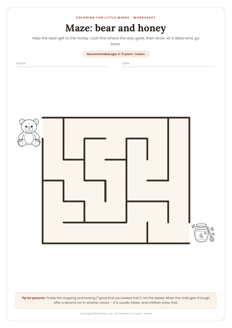 Maze: bear and honey – worksheet for ages 4–5, preview