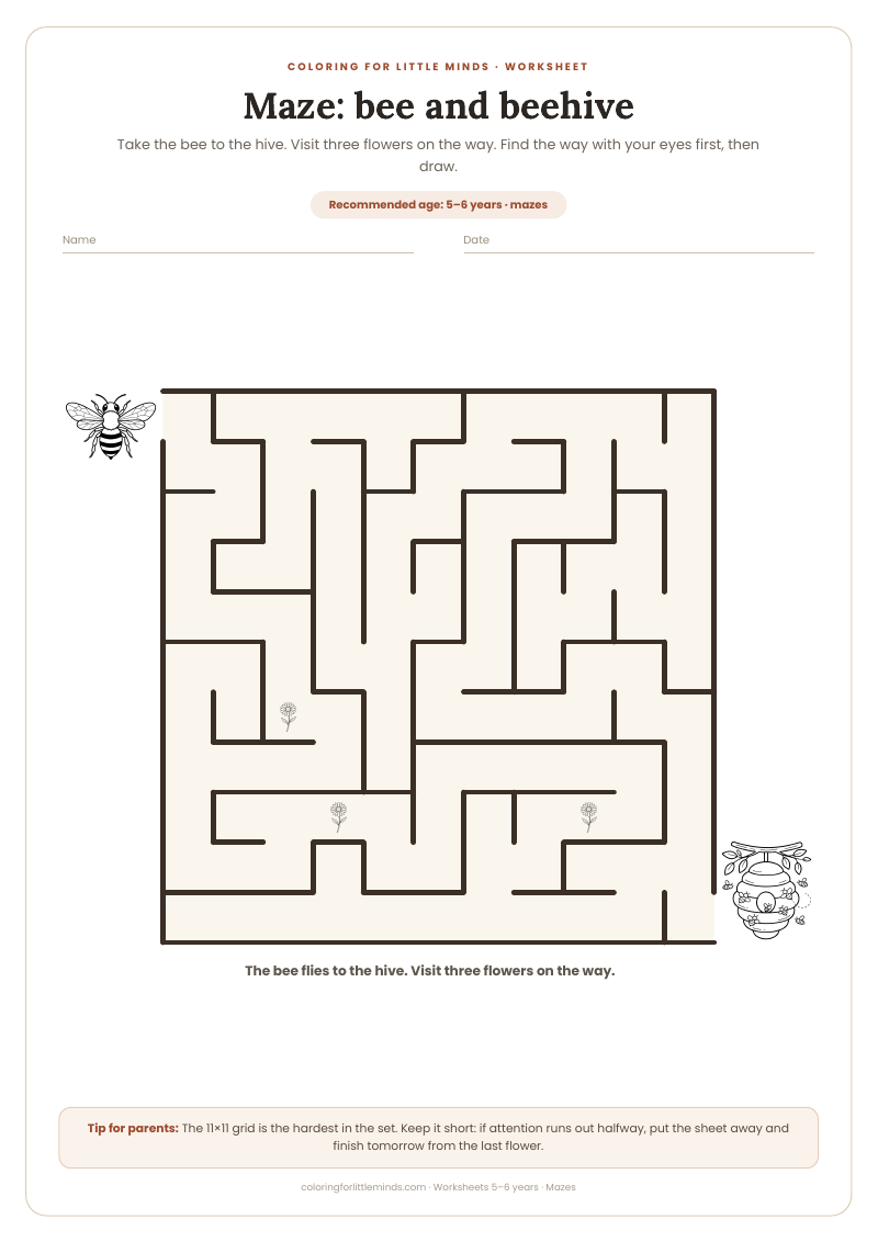 Maze: bee and beehive – worksheet for ages 5–6, preview