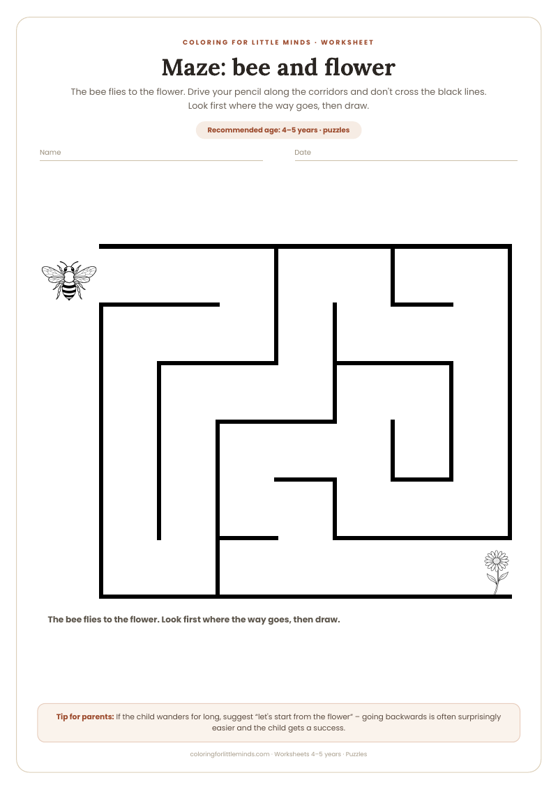 Maze: bee and flower – worksheet for ages 4–5, preview