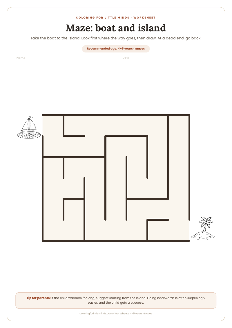 Maze: boat and island – worksheet for ages 4–5, preview