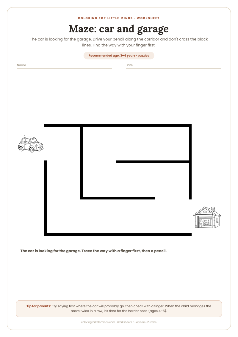 Maze: car and garage – worksheet for ages 3–4, preview