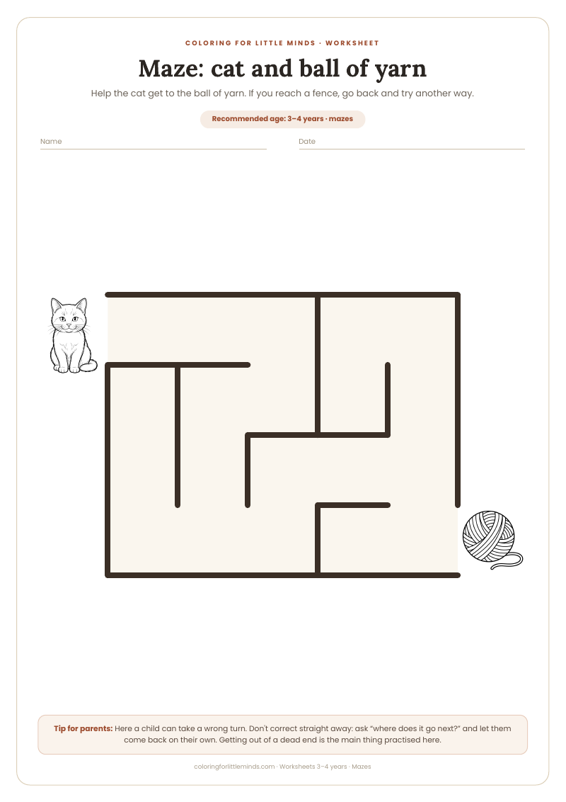 Maze: cat and ball of yarn – worksheet for ages 3–4, preview