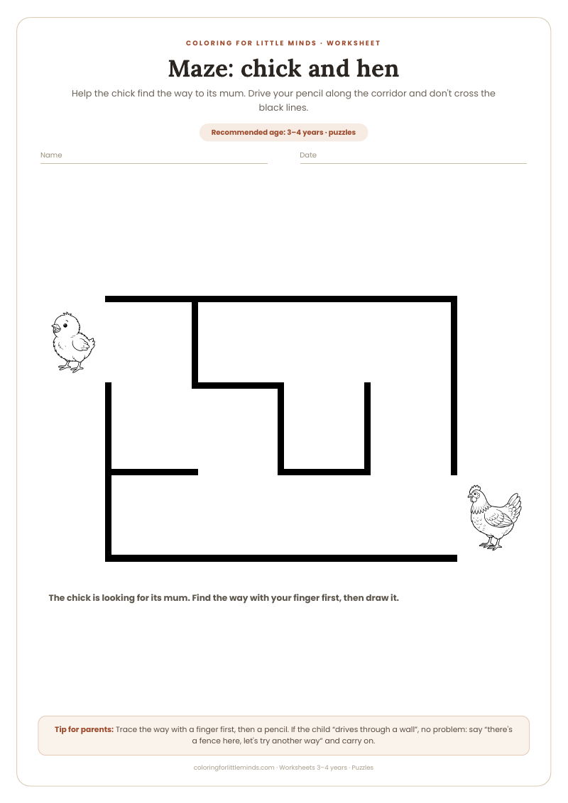 Maze: chick and hen – worksheet for ages 3–4, preview