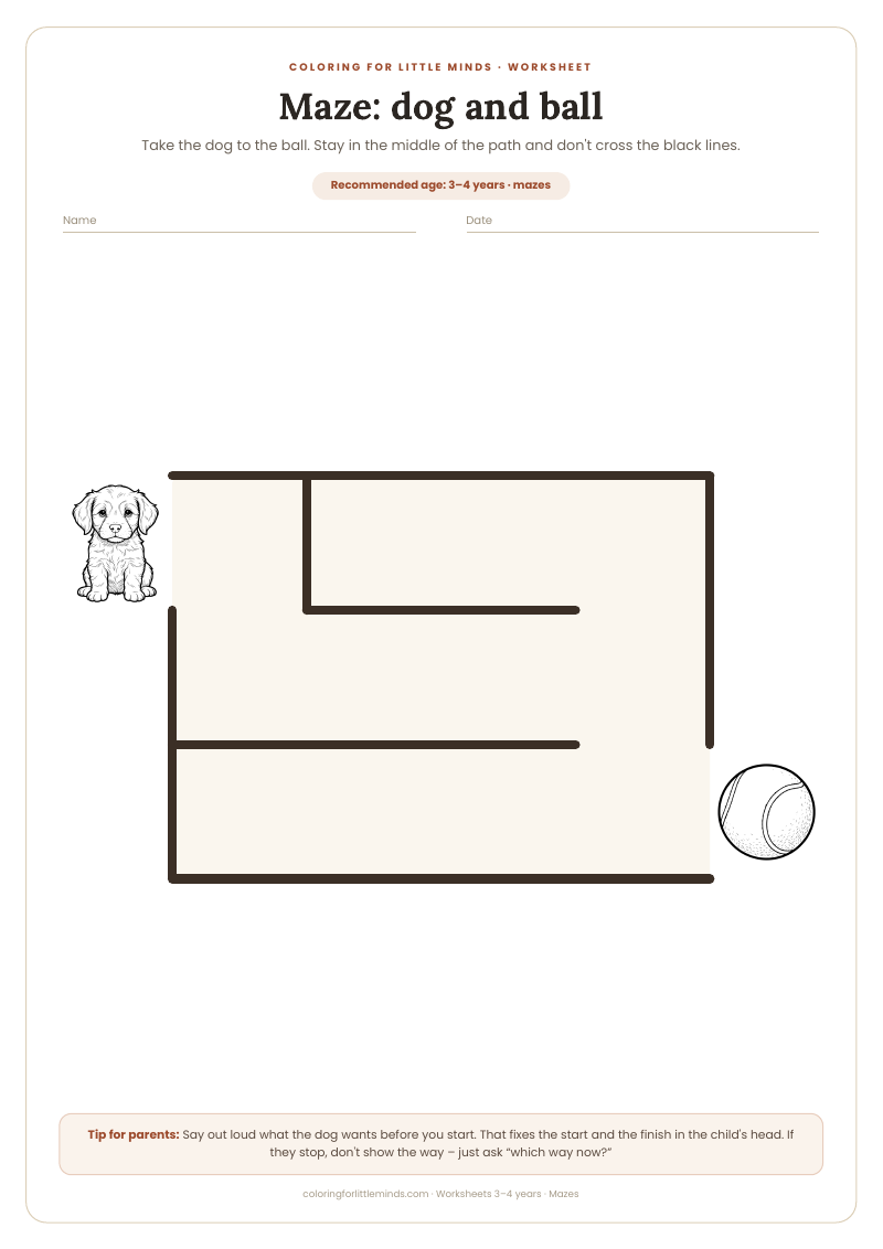 Maze: dog and ball – worksheet for ages 3–4, preview