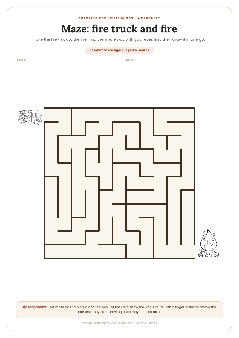 Maze: fire truck and fire – worksheet for ages 5–6, preview