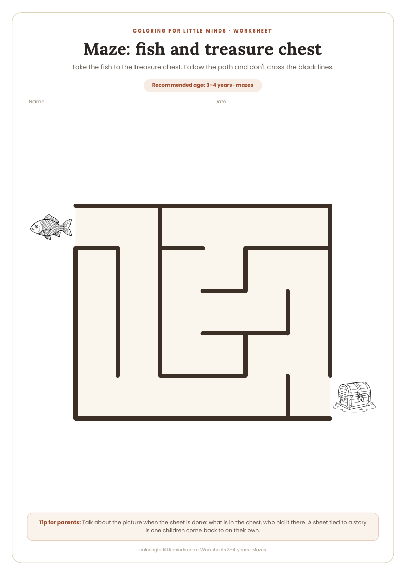 Maze: fish and treasure chest – worksheet for ages 3–4, preview
