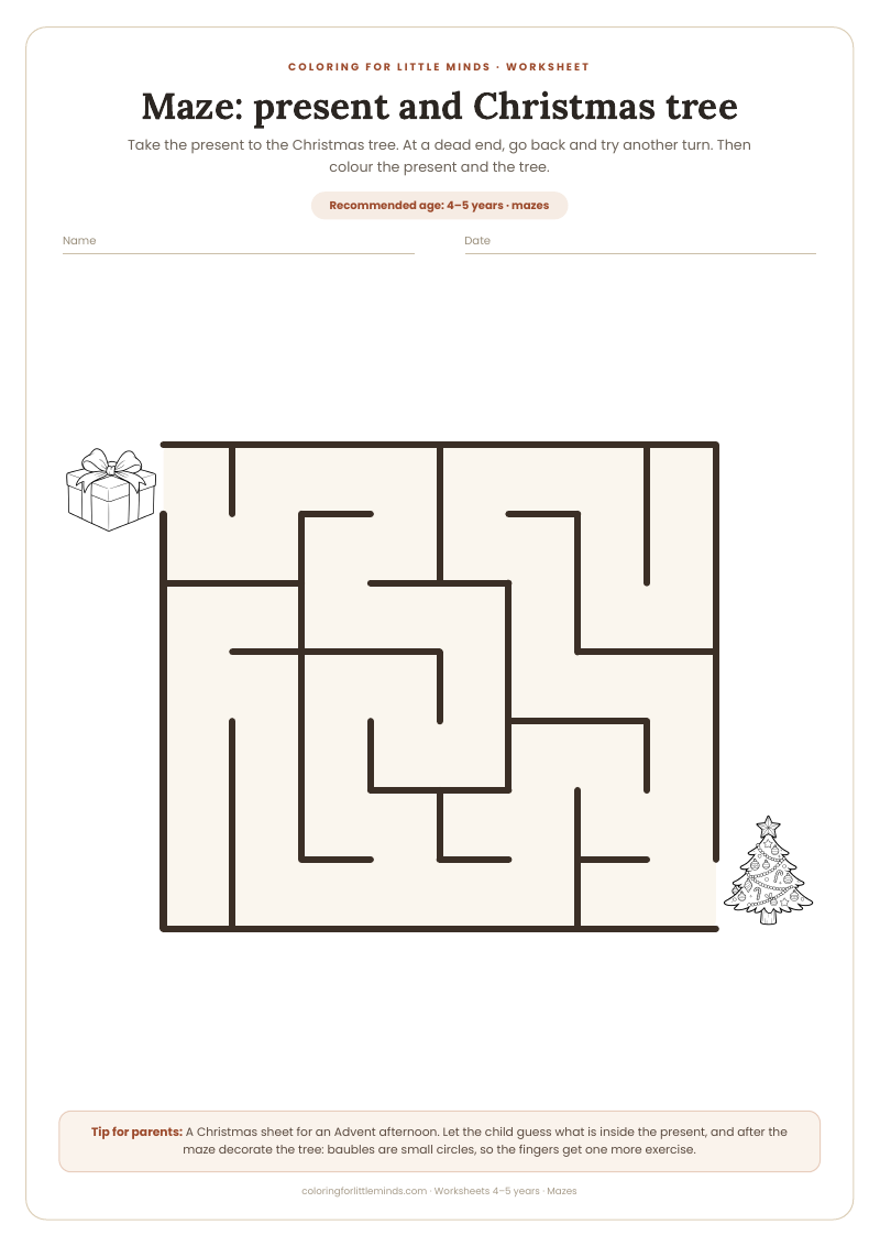 Maze: present and Christmas tree – worksheet for ages 4–5, preview