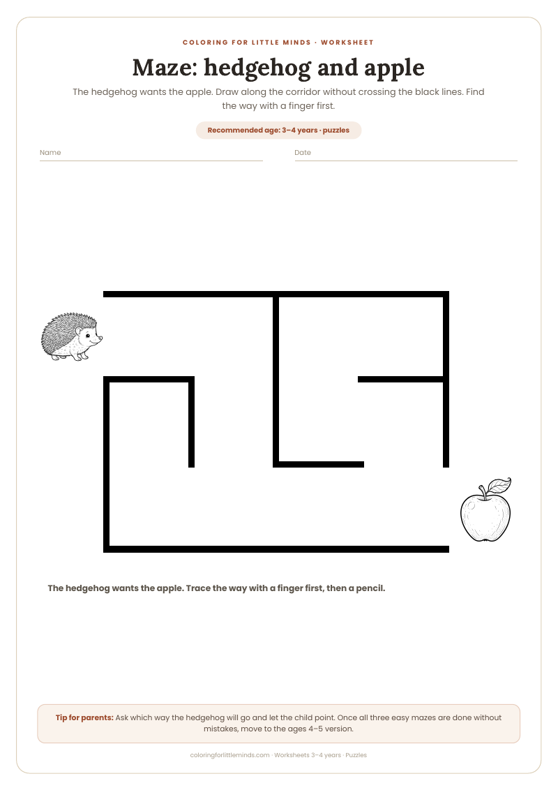 Maze: hedgehog and apple – worksheet for ages 3–4, preview