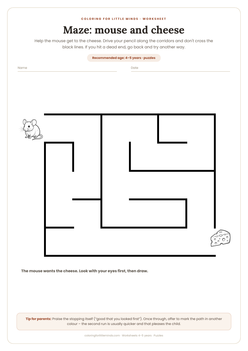 Maze: mouse and cheese – worksheet for ages 4–5, preview