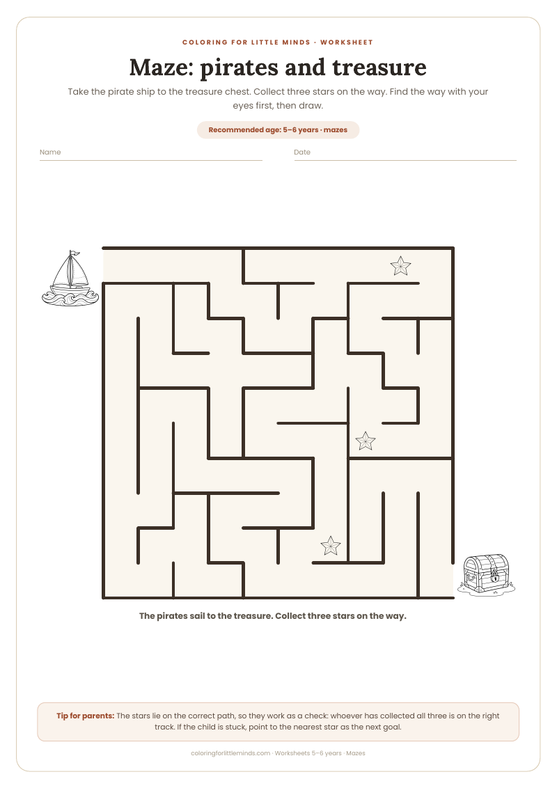 Maze: pirates and treasure – worksheet for ages 5–6, preview