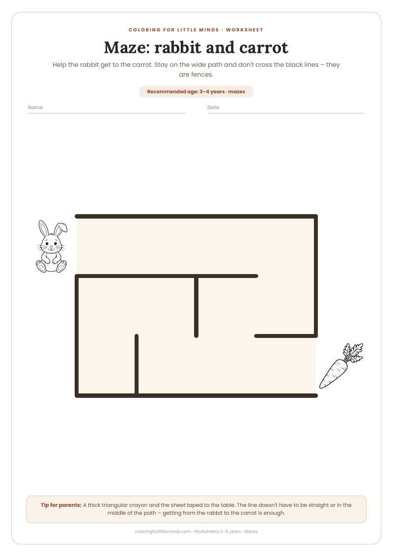 Maze: rabbit and carrot – worksheet for ages 3–4, preview