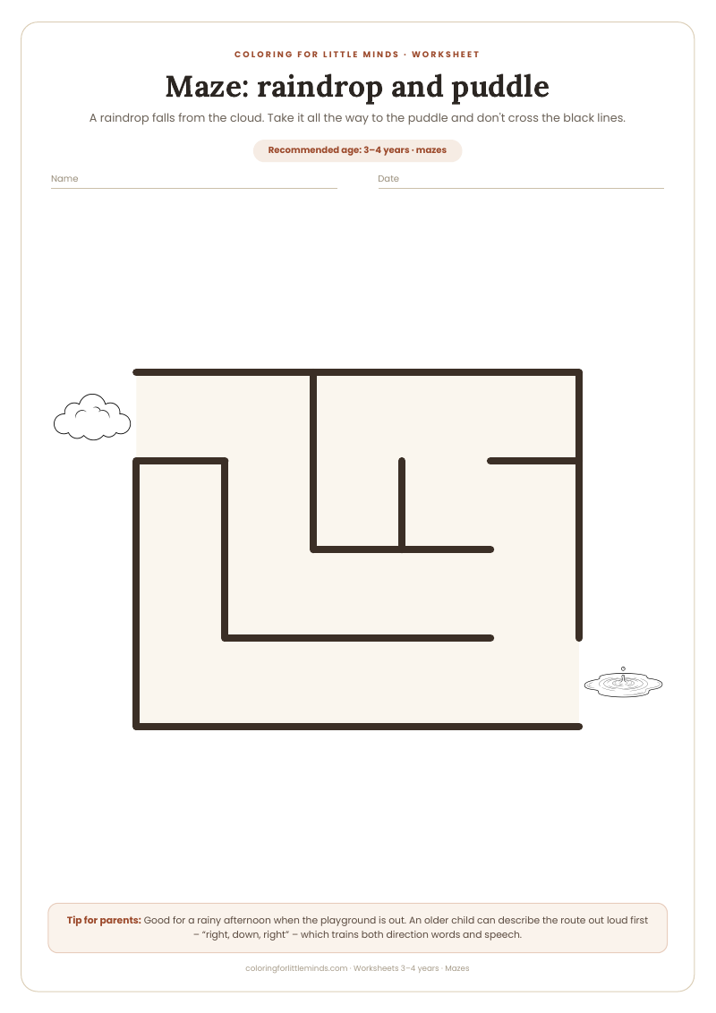 Maze: raindrop and puddle – worksheet for ages 3–4, preview