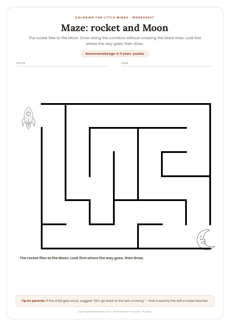 Maze: rocket and Moon – worksheet for ages 4–5, preview