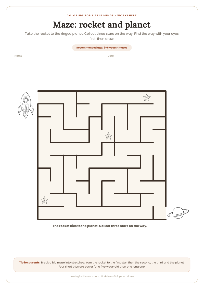 Maze: rocket and planet – worksheet for ages 5–6, preview