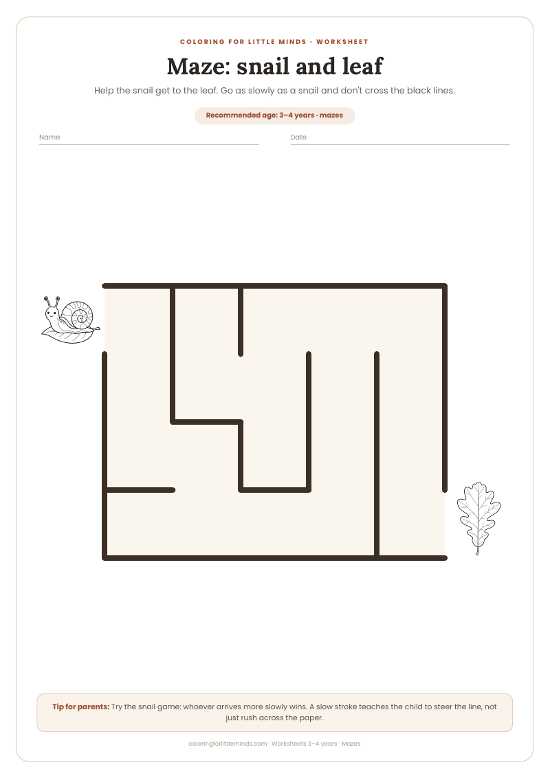 Maze: snail and leaf – worksheet for ages 3–4, preview
