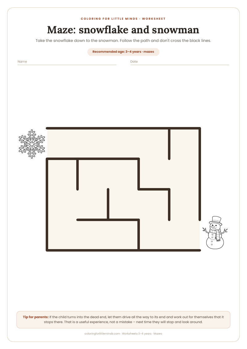 Maze: snowflake and snowman – worksheet for ages 3–4, preview
