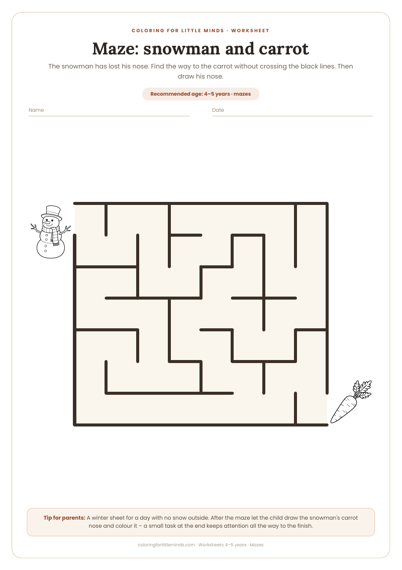 Maze: snowman and carrot – worksheet for ages 4–5, preview