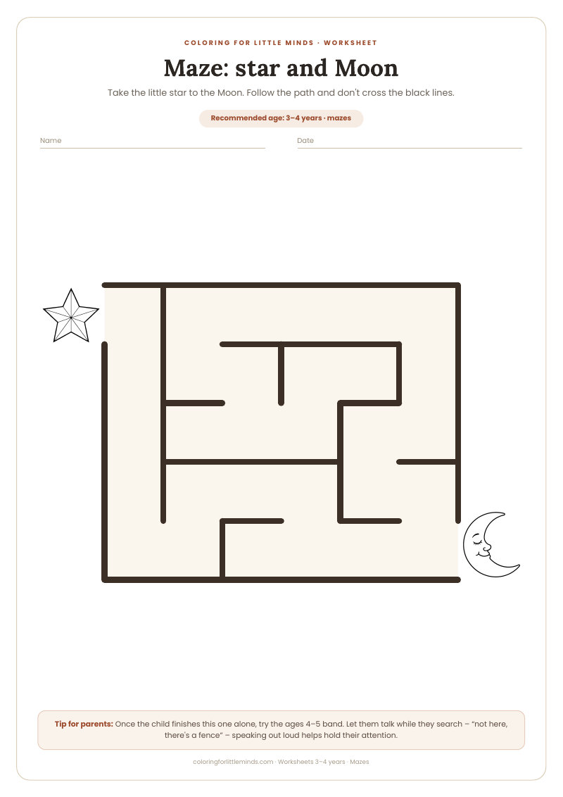 Maze: star and Moon – worksheet for ages 3–4, preview