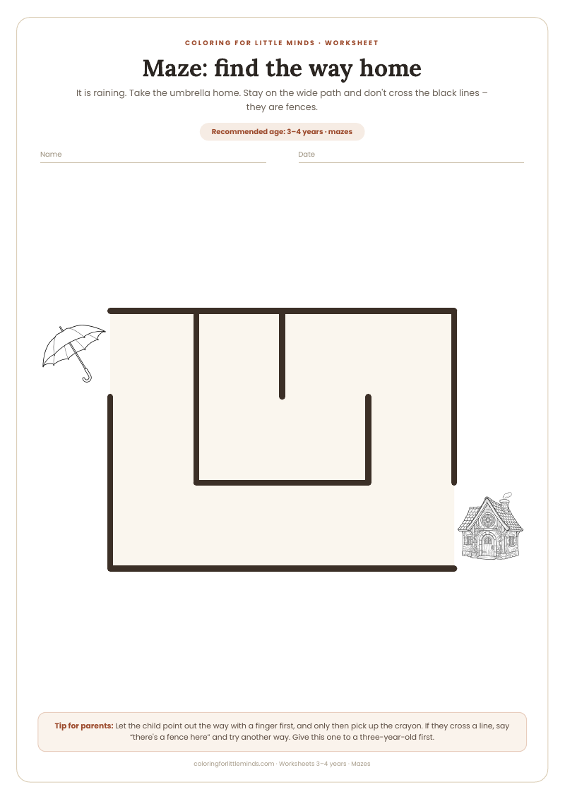 Maze: find the way home – worksheet for ages 3–4, preview