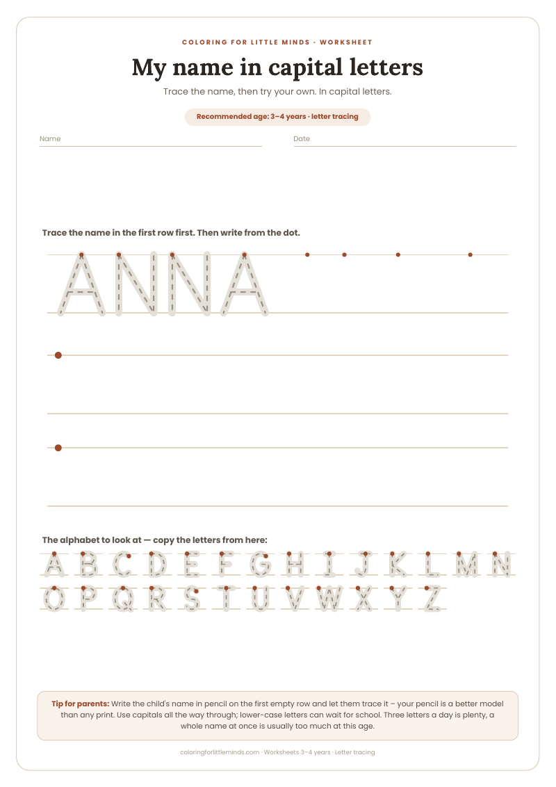 My name in capital letters – worksheet for ages 3–4, preview