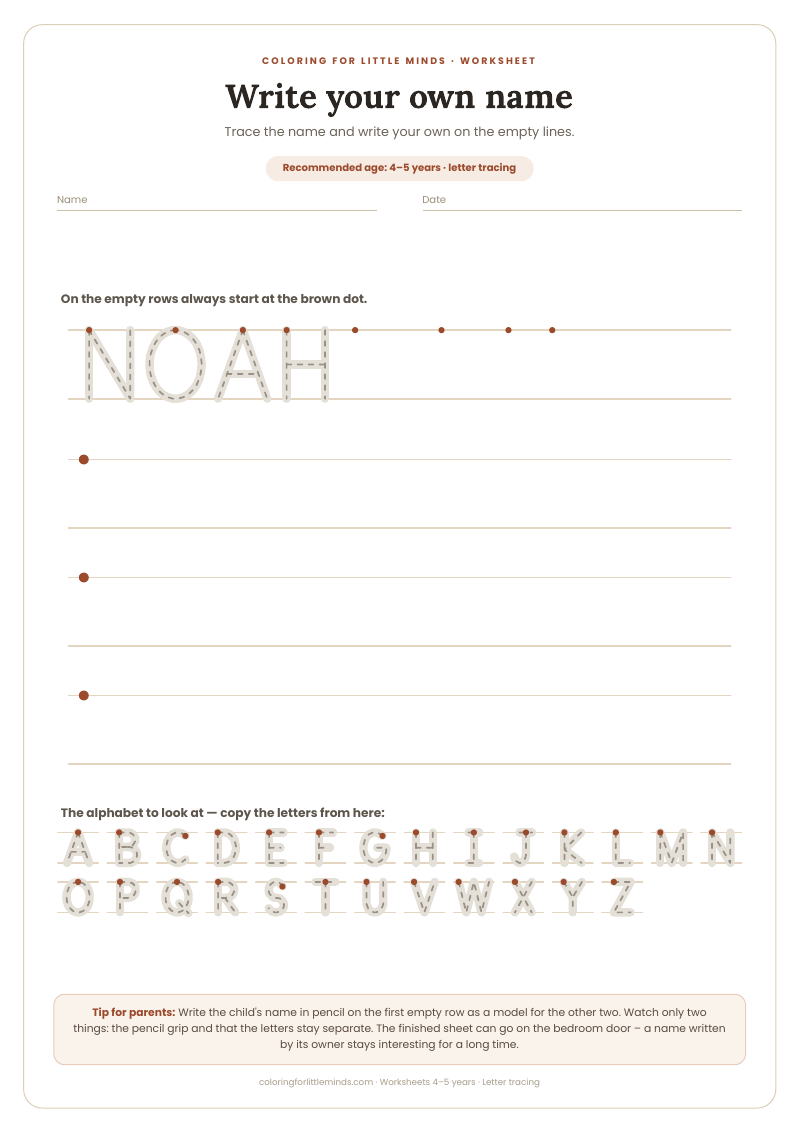 Write your own name – worksheet for ages 4–5, preview